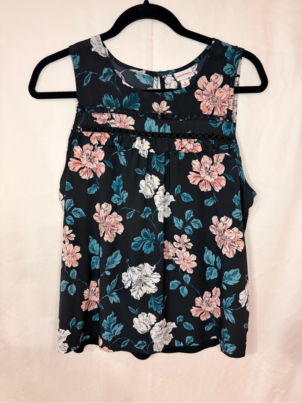 Merona Black Floral Sleeveless Camisole with Pink & Teal Flowers